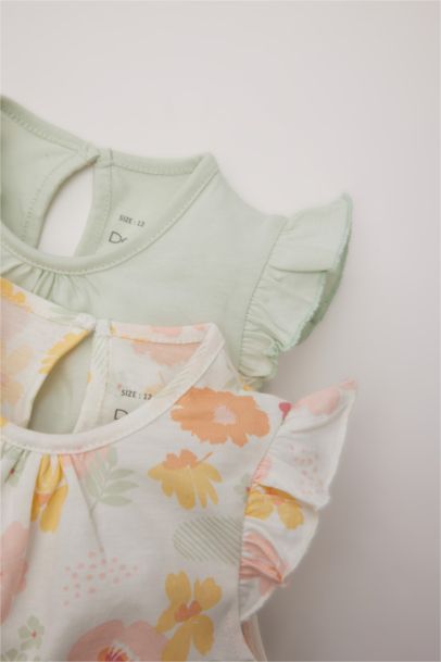 Bisiklet Yaka Çiçekli Penye 2'li Kısa Kollu Çıtçıtlı Body Kız Bebek Yenidoğan