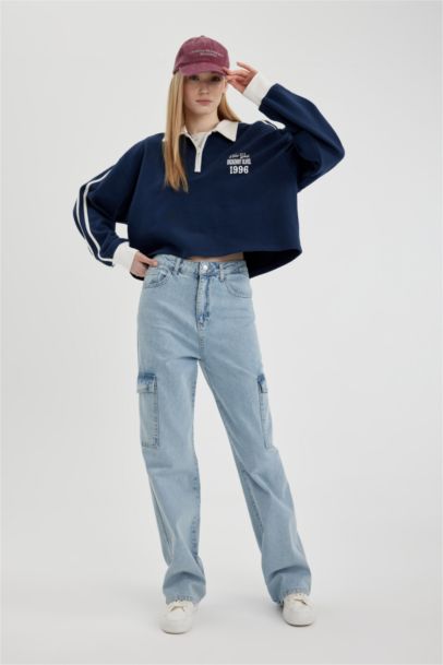 Fermuarlı Polo Yaka Baskılı Crop Sweatshirt