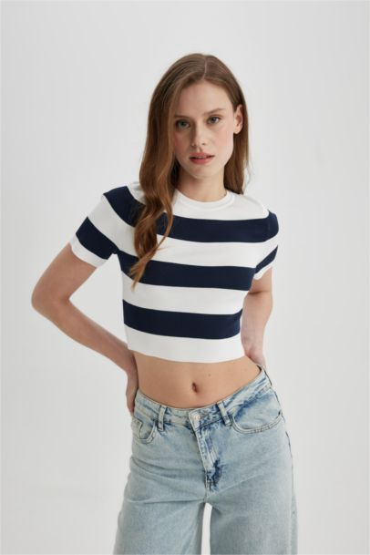 Striped Crew Neck Short Sleeve Knitwear Crop T-Shirt