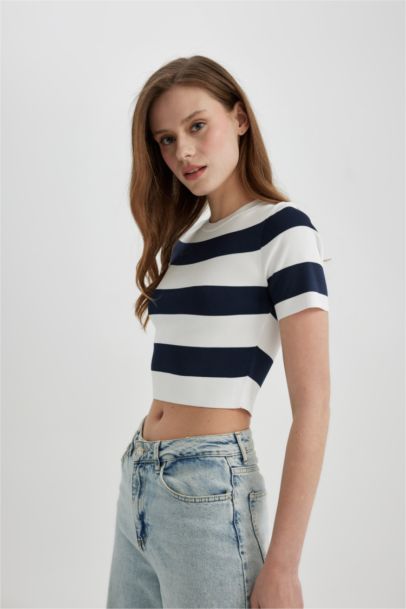 Striped Crew Neck Short Sleeve Knitwear Crop T-Shirt