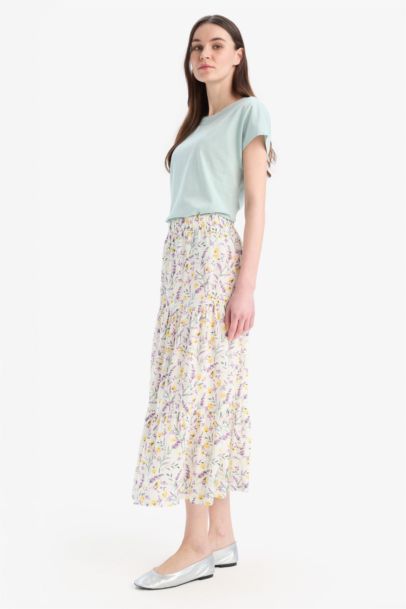 Beli Lastikli Çiçek Desenli Midi Etek