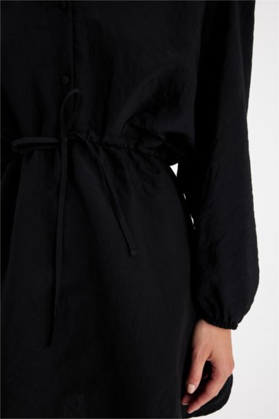 Shirt Collar Waist Gathered Lace Basic Mini Black Dress
