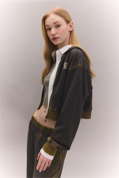 Crop Washed Faded Effect Printed Thick Fabric Cardigan