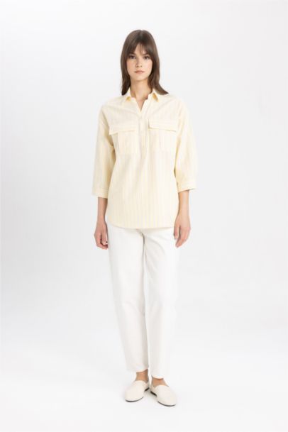 Relax Fit Shirt Collar Poplin Long Sleeve Striped Tunic