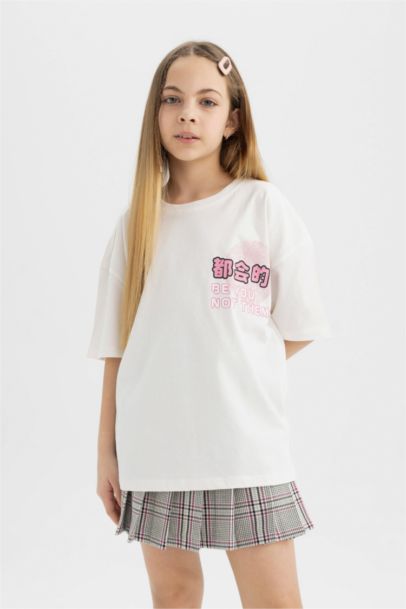 Girl's Oversize Fit Back Printed Short Sleeve T-Shirt
