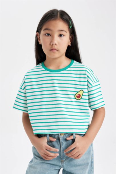 Girl Crew Neck Striped Short Sleeve T-Shirt
