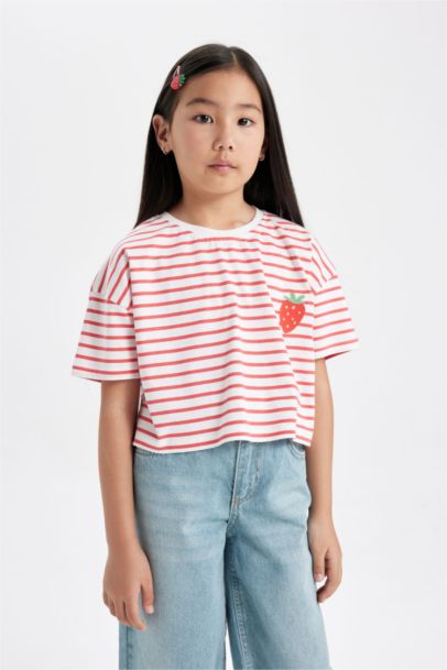 Girl Crew Neck Striped Short Sleeve T-Shirt