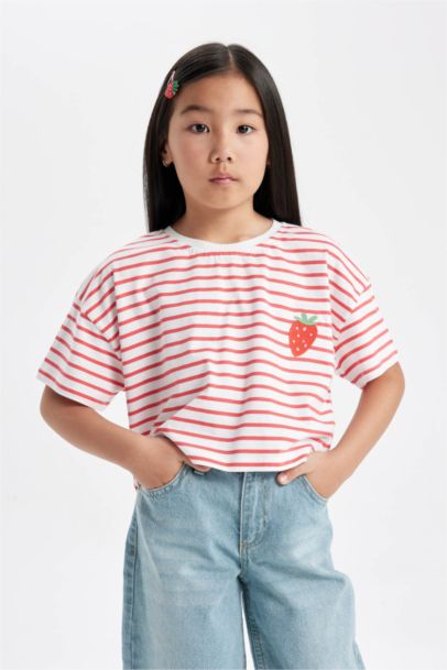 Girl Crew Neck Striped Short Sleeve T-Shirt