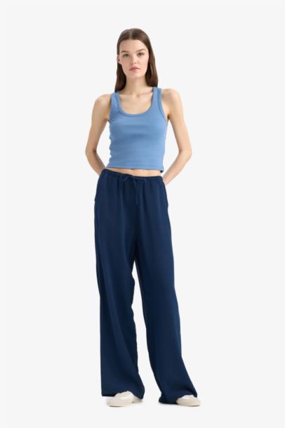 Normal Waist Standard Length Wide Leg Linen Blend Trousers
