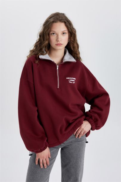 Oversize Geniş Kalıp Yarım Fermuarlı Nakışlı Kalın Sweatshirt
