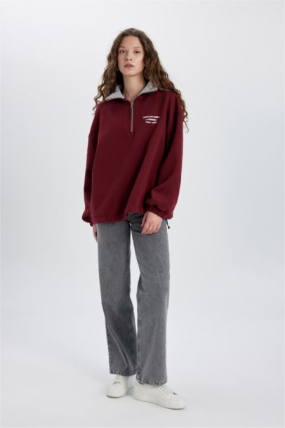Oversize Geniş Kalıp Yarım Fermuarlı Nakışlı Kalın Sweatshirt