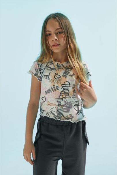 Crop top imprimé à manches courtes et col rond pour fille