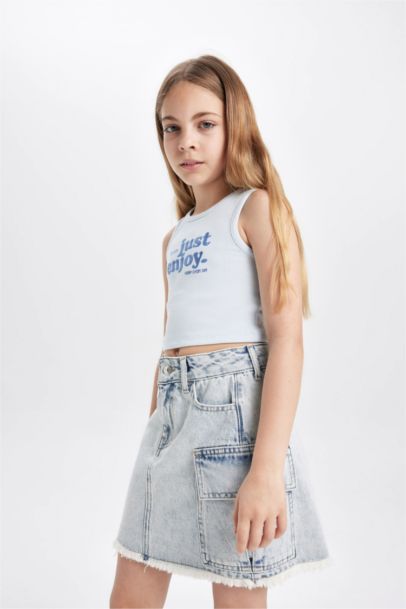 Girl Crew Neck Slogan Patterned Crop Top