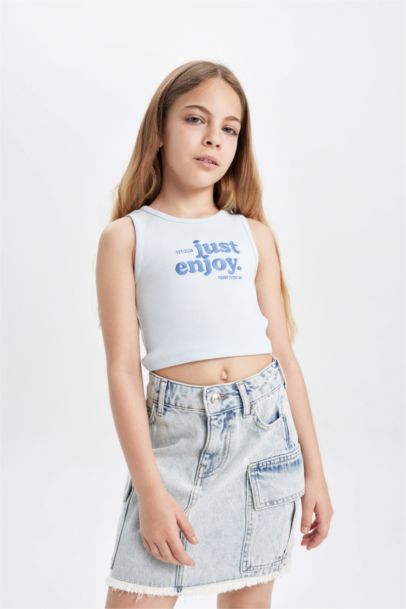 Girl Crew Neck Slogan Patterned Crop Top
