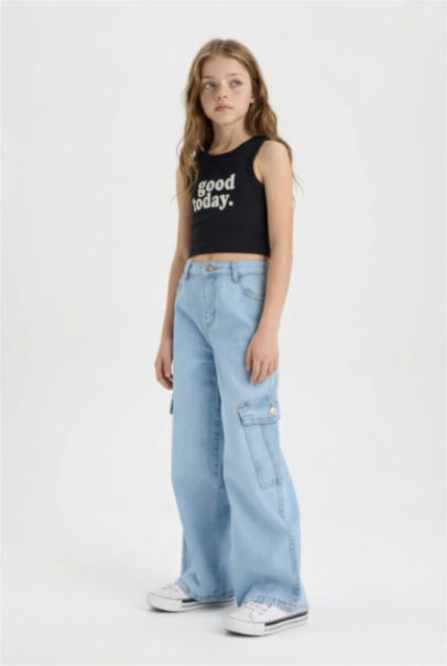 Girl Crew Neck Slogan Patterned Crop Top