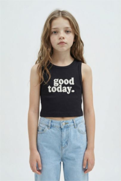 Girl Crew Neck Slogan Patterned Crop Top