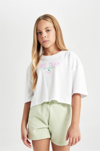 Bisiklet Yaka Baskılı Kısa Kollu Crop Tişört Kız Çocuk