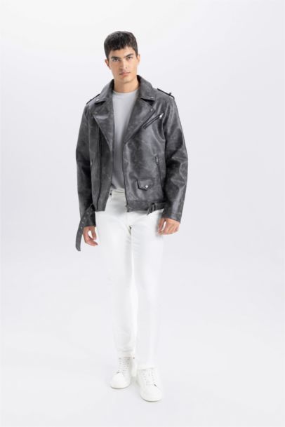 جاكيت جلد صناعي قصة عادية بياخة قميص طارد للماء