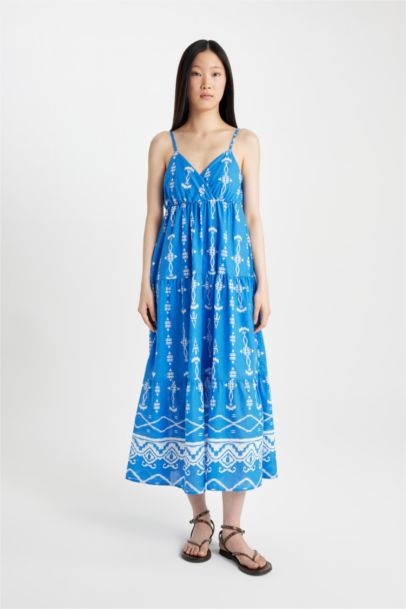 V-Neck Patterned Voile Strap Maxi Dress