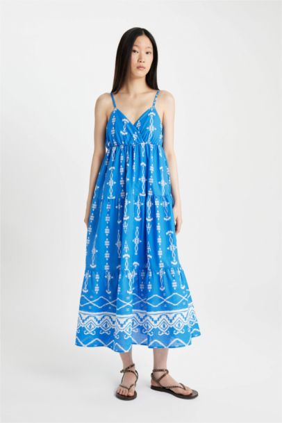 V-Neck Patterned Voile Strap Maxi Dress