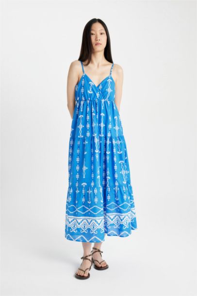 V-Neck Patterned Voile Strap Maxi Dress