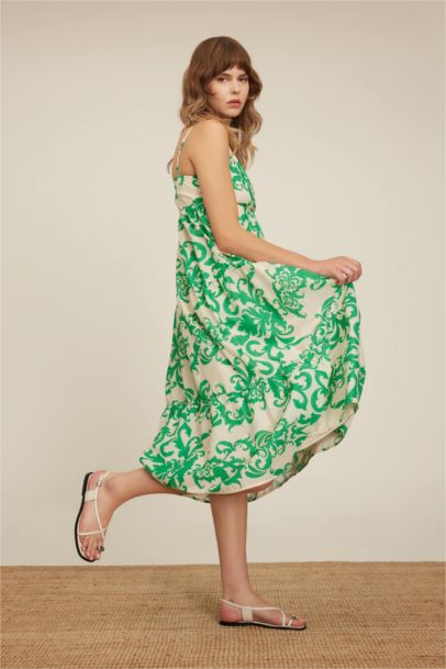 V-Neck Patterned Voile Strap Maxi Dress