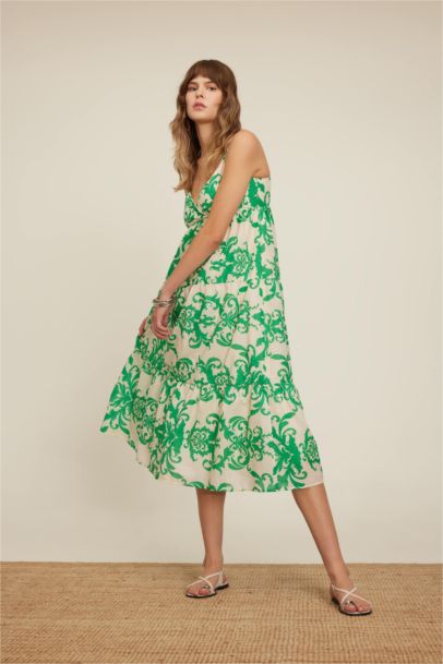 V-Neck Patterned Voile Strap Maxi Dress