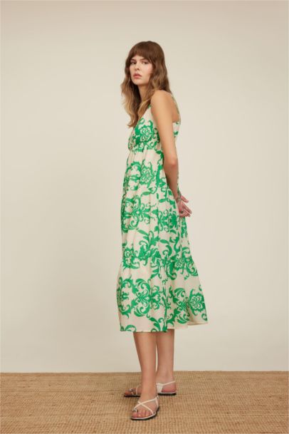 V-Neck Patterned Voile Strap Maxi Dress