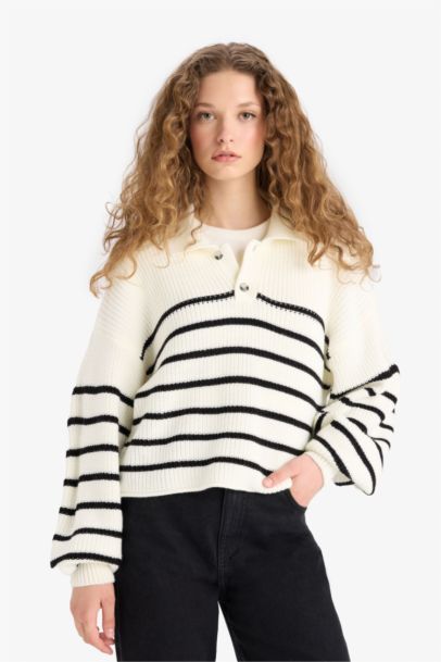 Relax Fit Polo Collar Buttoned Stripped Knit Pullover