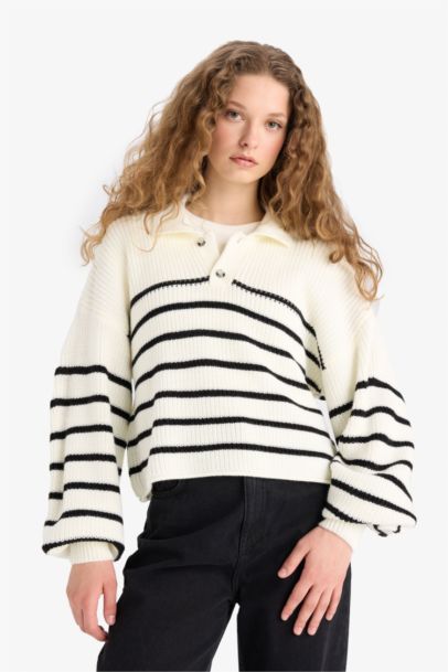 Relax Fit Polo Collar Buttoned Stripped Knit Pullover