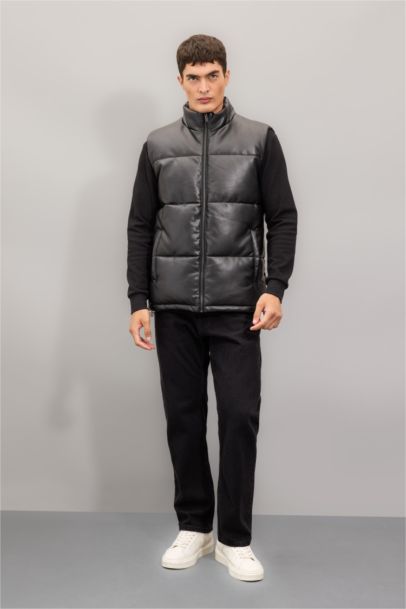 Su Geçirmez Şişme Suni Deri Yelek Dik Yaka Fermuarlı