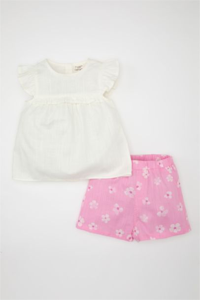 Baby Girl Flared Poplin Blouse Floral Shorts 2 Piece Set