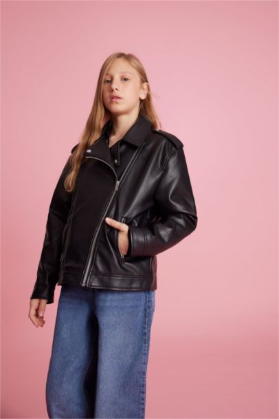 Su Geçirmez Fermuarlı Suni Deri Ceket Mont Kız Çocuk