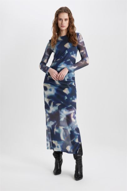 Bodycon Round Collar Batic Tulle Midi Dress