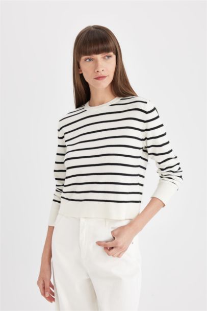 Pull en tricot rayé à col rond et coupe régulière pour Femme
