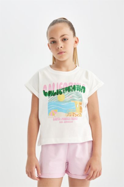Girl Boxy Fit Crew Neck Tropical Patterned T-Shirt