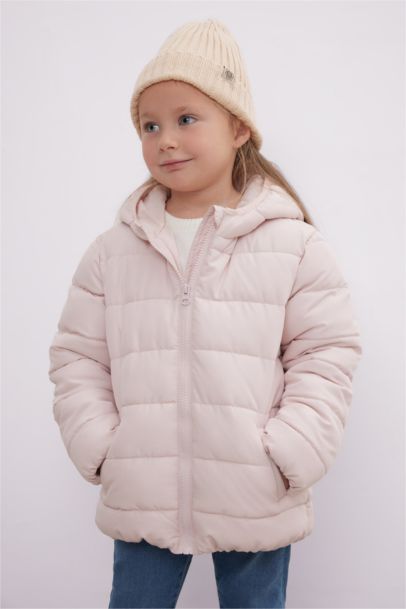 Su itici Beli Lastikli Kapüşonlu Fermuarlı Şişme Mont Kız Bebek