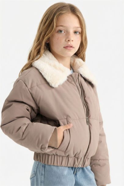 Girl Zippered Faux Fur Collar Jacket