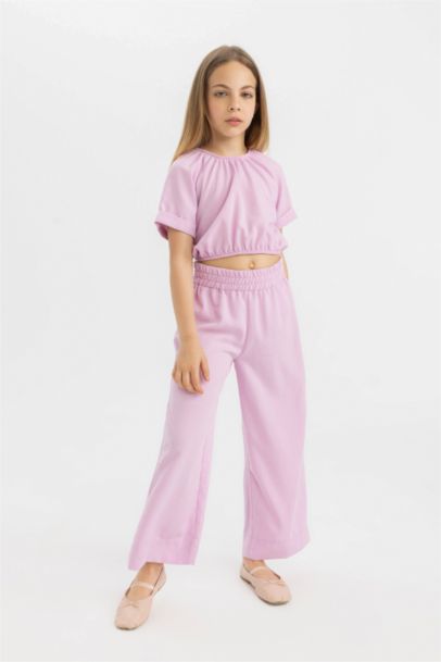 Girl Linen Short Sleeve Blouse Trousers 2 Piece Set