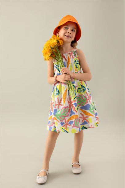 Girl Patterned Sleeveless Poplin Dress