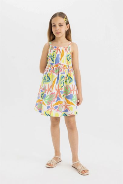 Girl Patterned Sleeveless Poplin Dress