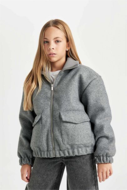 Girl Windproof Stand Collar Zippered Elastic Cachet Jacket