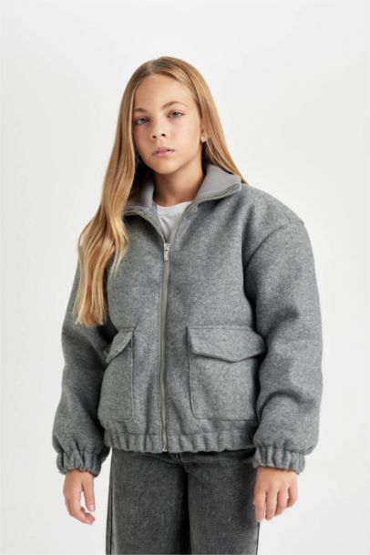 Girl Windproof Stand Collar Zippered Elastic Cachet Jacket