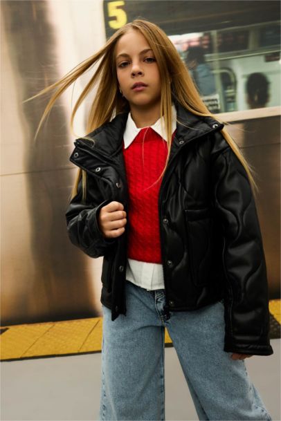 Su Geçirmez Fermuarlı Çıtçıtlı Cepli Mont Kız Çocuk