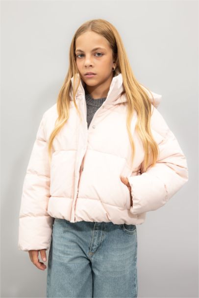 Kız Çocuk Su Geçirmez Kapüşonlu Çıtçıtlı Şişme Mont