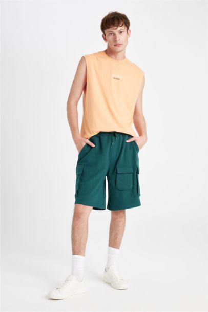 Relax Fit Beli Lastikli Bağcıklı Basic Düz Kargo Bermuda Şort