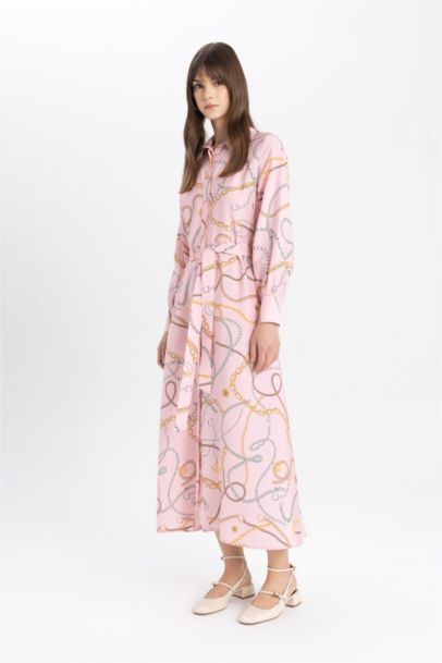 Shirt Collar Patterned Long Sleeve Basic Dress