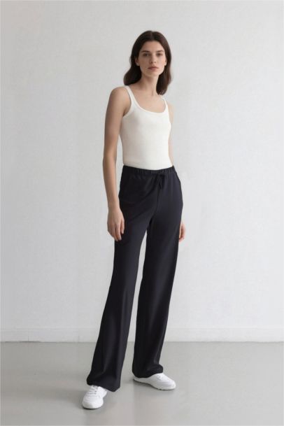Wide Leg Elastic Waist Laced Basic Trousers