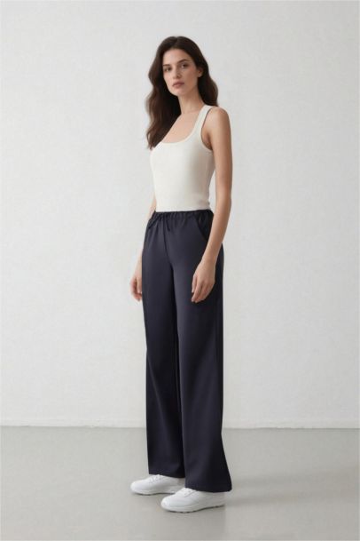 Wide Leg Elastic Waist Laced Basic Trousers