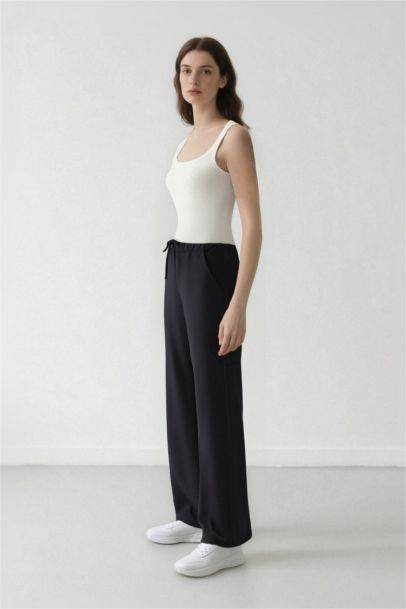 Wide Leg Elastic Waist Laced Basic Trousers